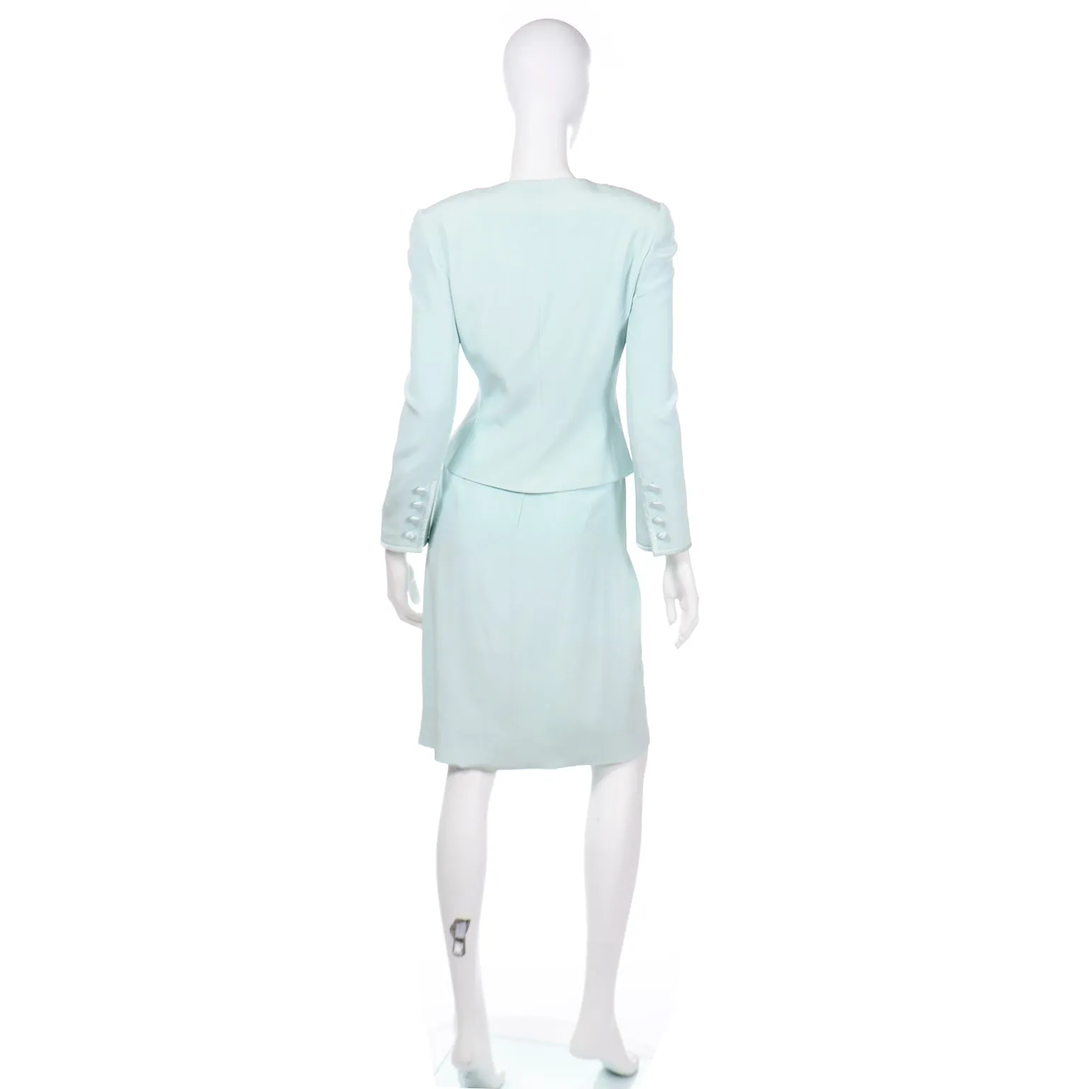 1990s David Hayes Silk Mint Green 2 pc Jacket & Skirt Suit