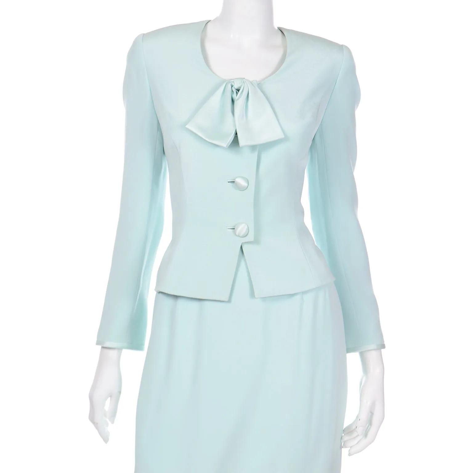 1990s David Hayes Silk Mint Green 2 pc Jacket & Skirt Suit