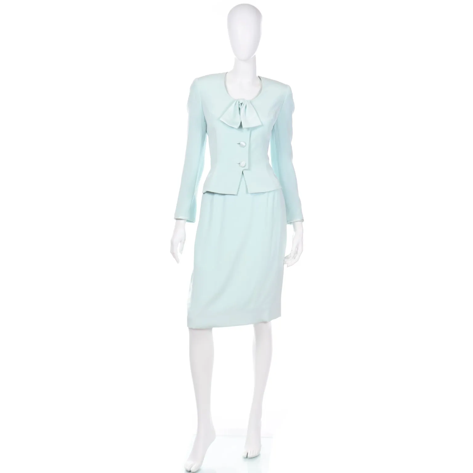 1990s David Hayes Silk Mint Green 2 pc Jacket & Skirt Suit