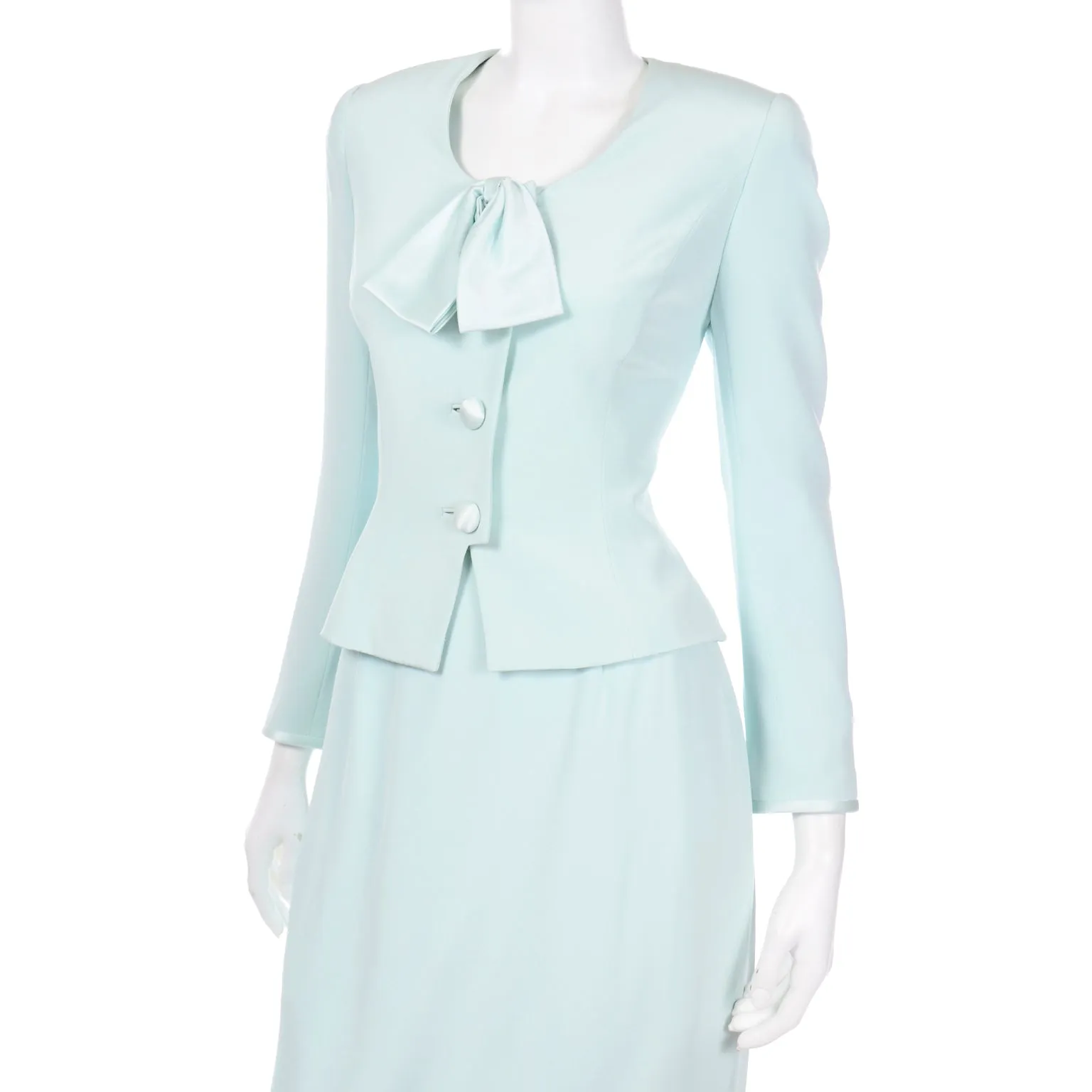 1990s David Hayes Silk Mint Green 2 pc Jacket & Skirt Suit