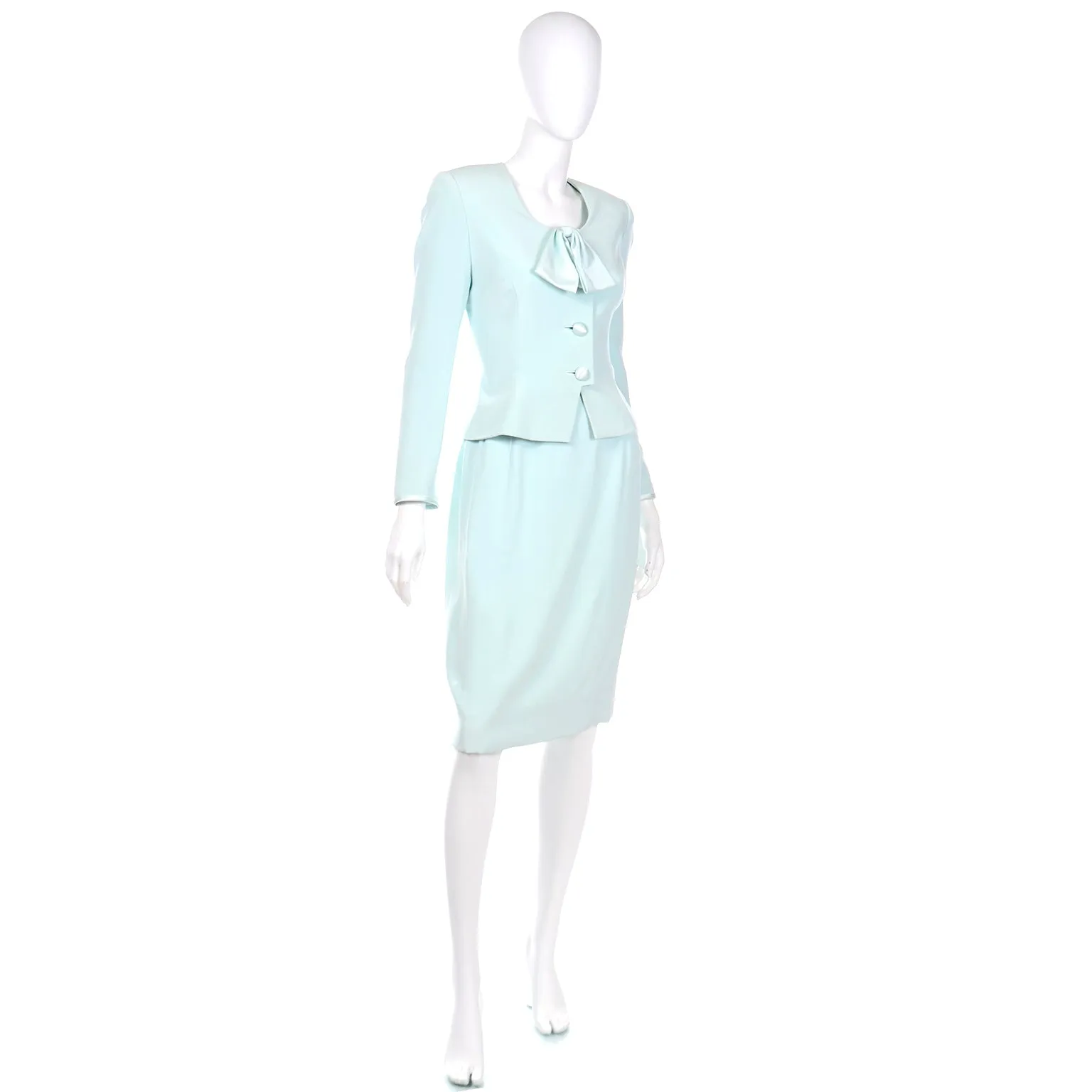 1990s David Hayes Silk Mint Green 2 pc Jacket & Skirt Suit