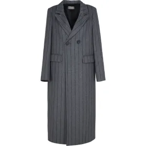 Astrid – Women's Long Woven Coat – Grey Pin-Stripe