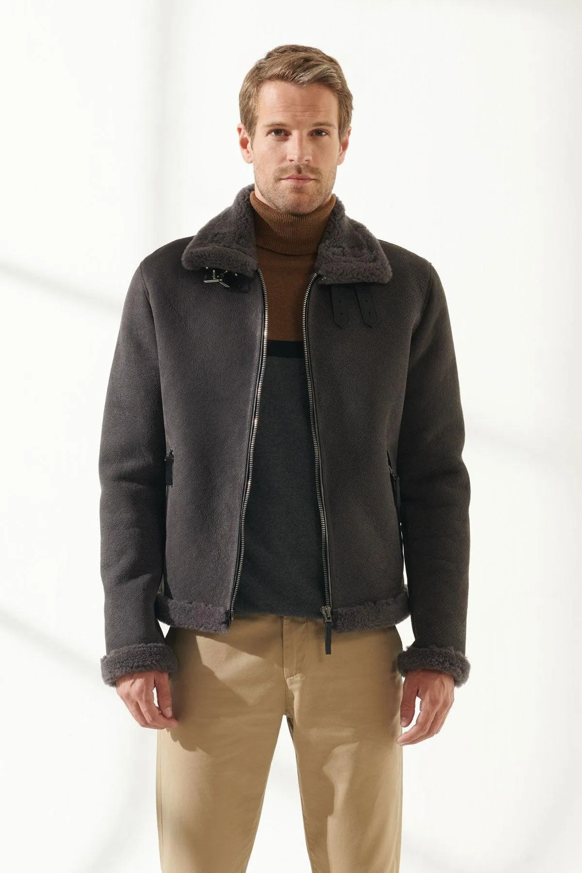 Aviator Men Grey Shearling Jacket