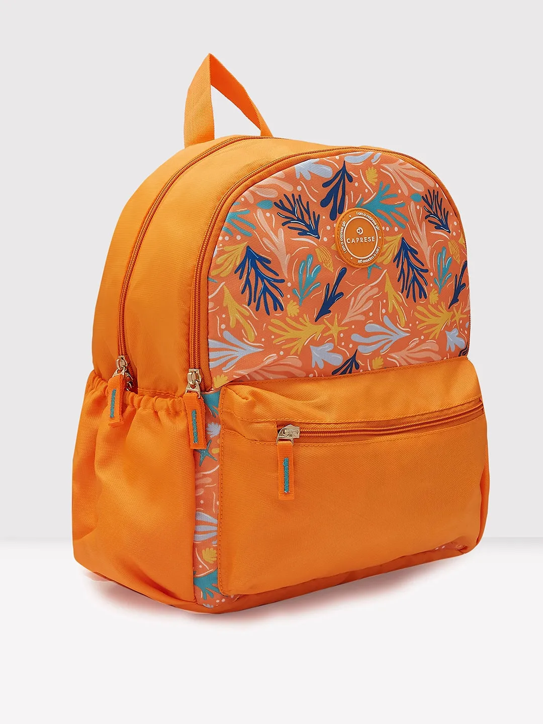 Caprese Xenia Backpack Medium Dual Compartment Orange Printed