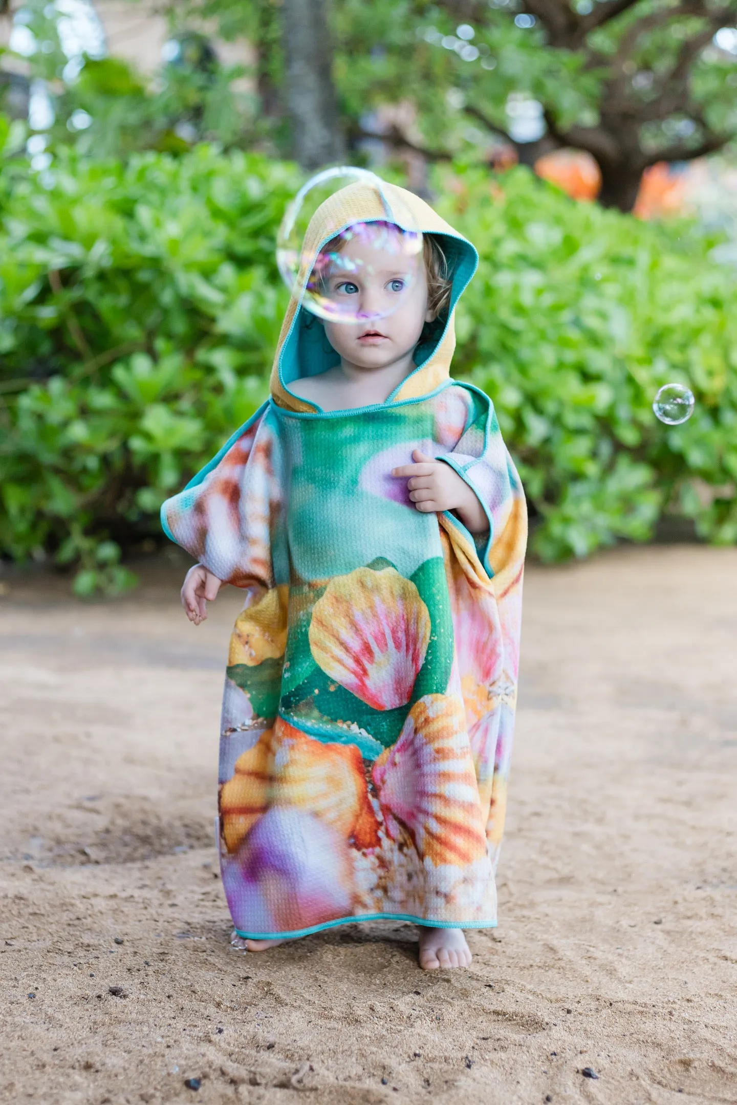 Designed on Maui - REVERSIBLE Hibiscus Floral with Shells on reverse side Hooded Towel Poncho