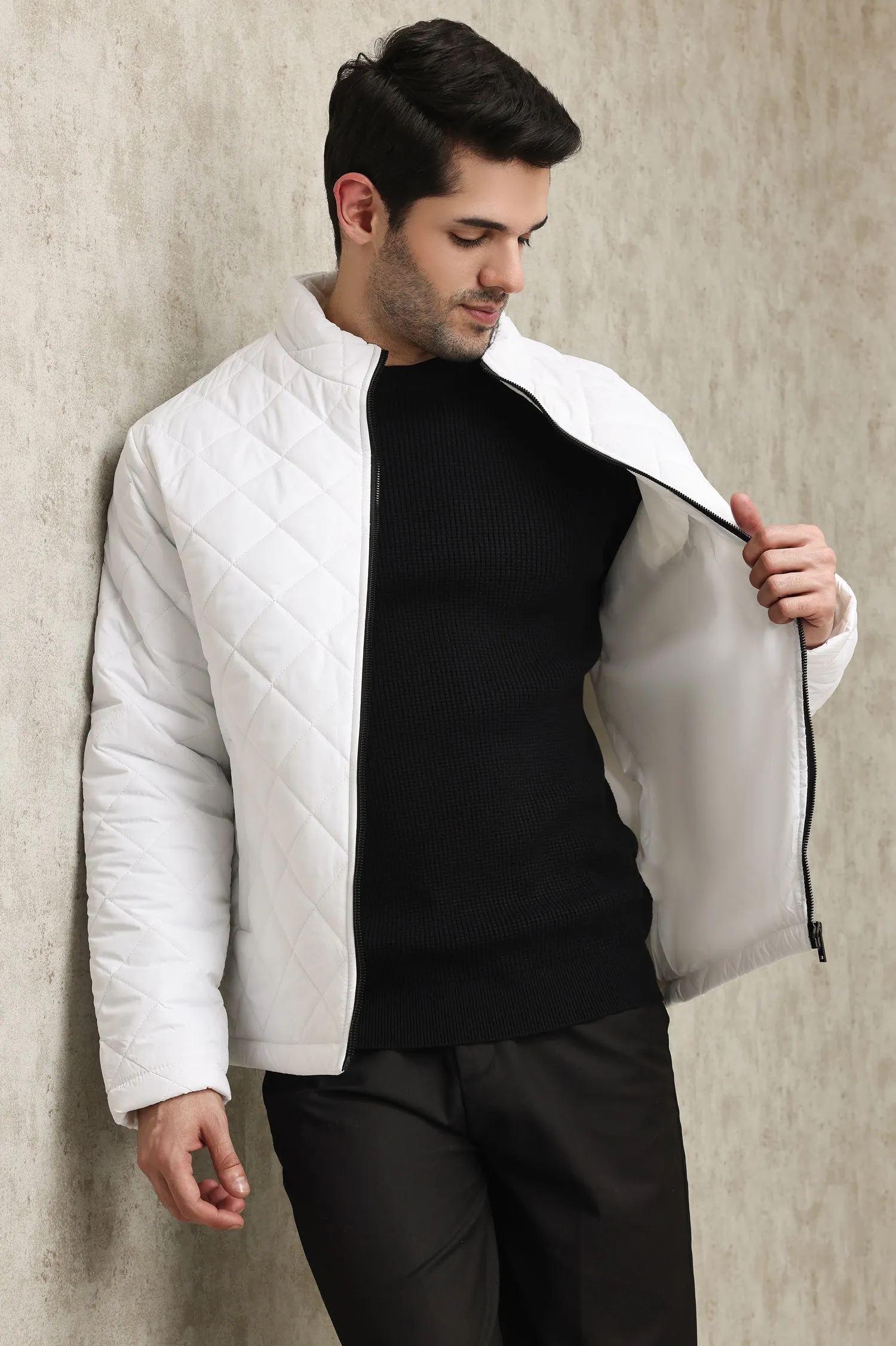 DIAMOND-STITCH INSULATED PUFFER JACKET-WHITE