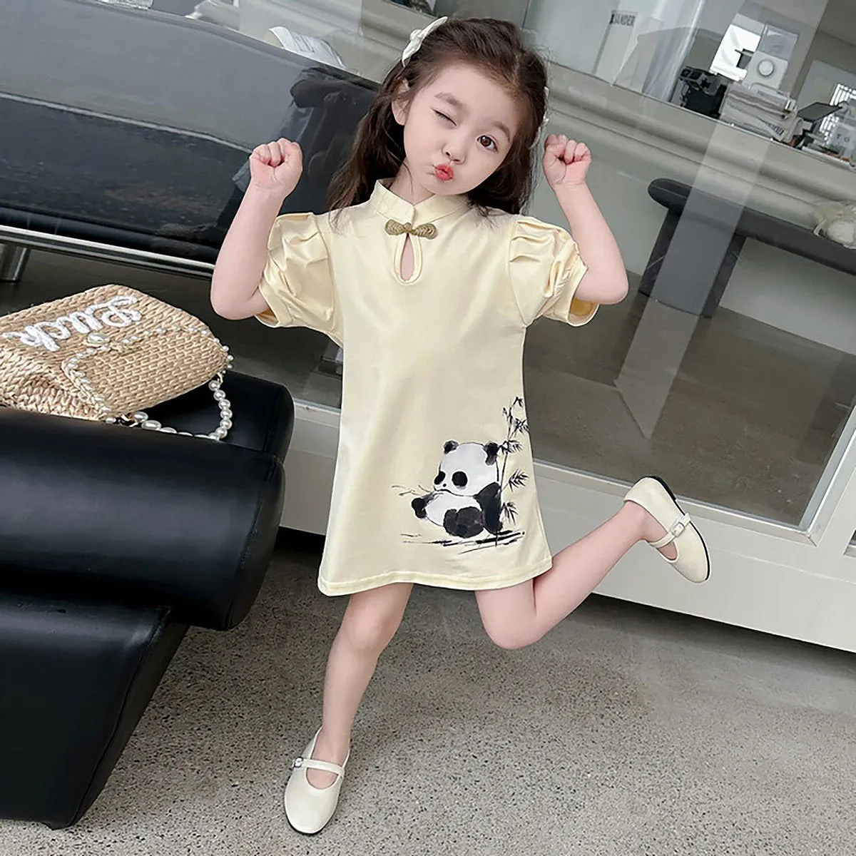 Girls Animal Print Dress Panda Design Traditional Chinese Outfit