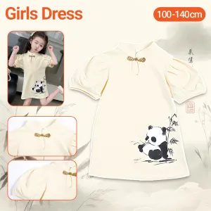 Girls Animal Print Dress Panda Design Traditional Chinese Outfit