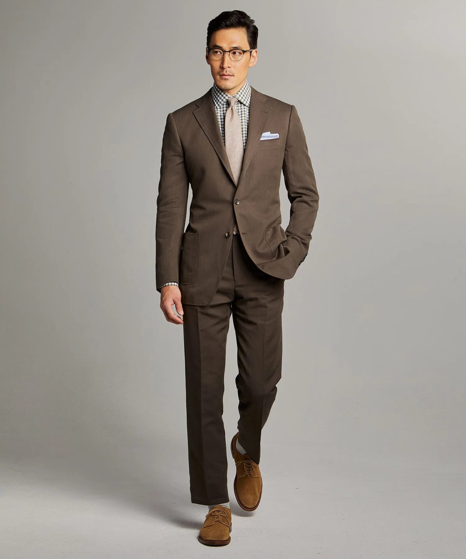 Herringbone Linen Sack Suit Jacket in Brown