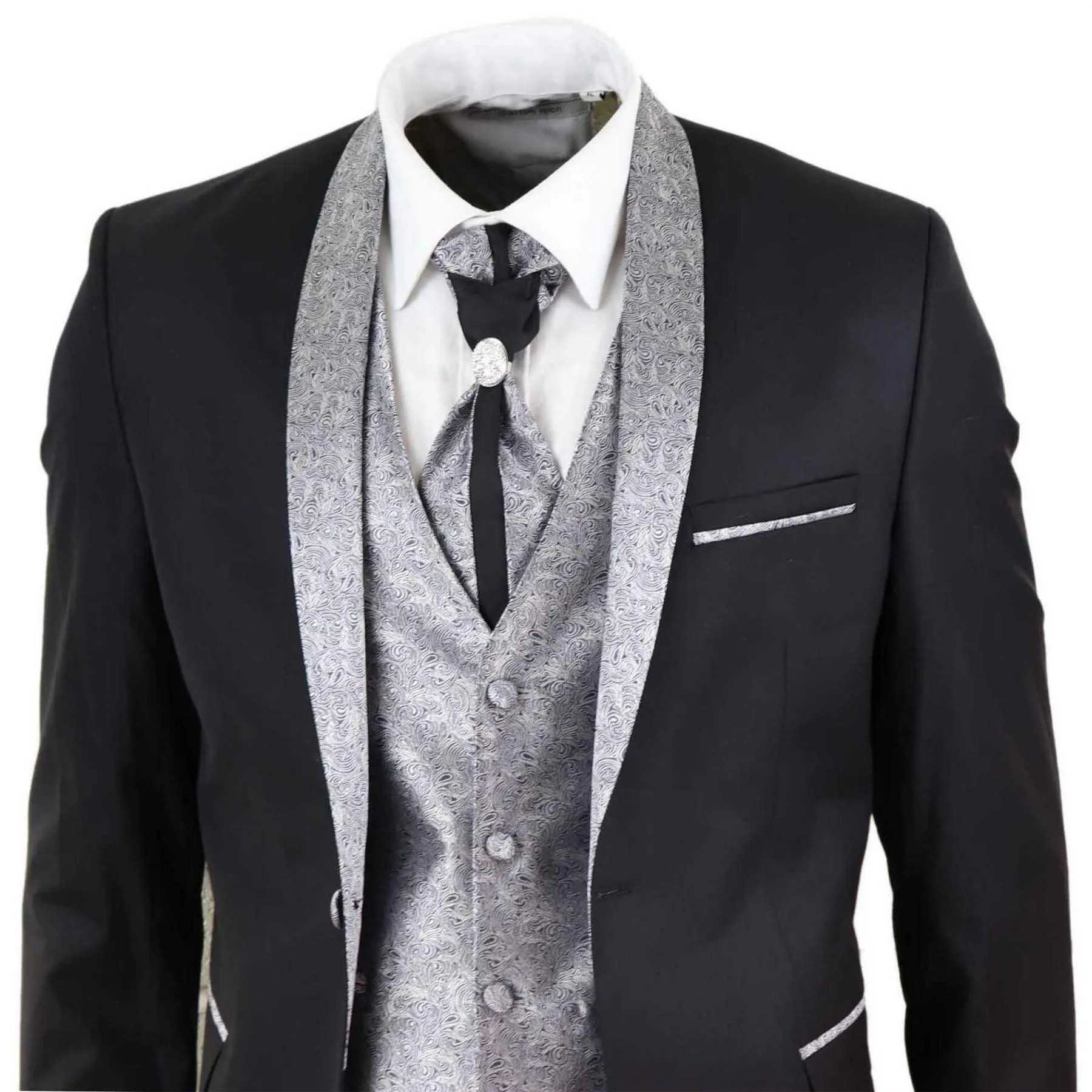 Mens 4 Piece Wedding Suit Groom Shawl Collar Vintage Black Silver Cravat Tailor