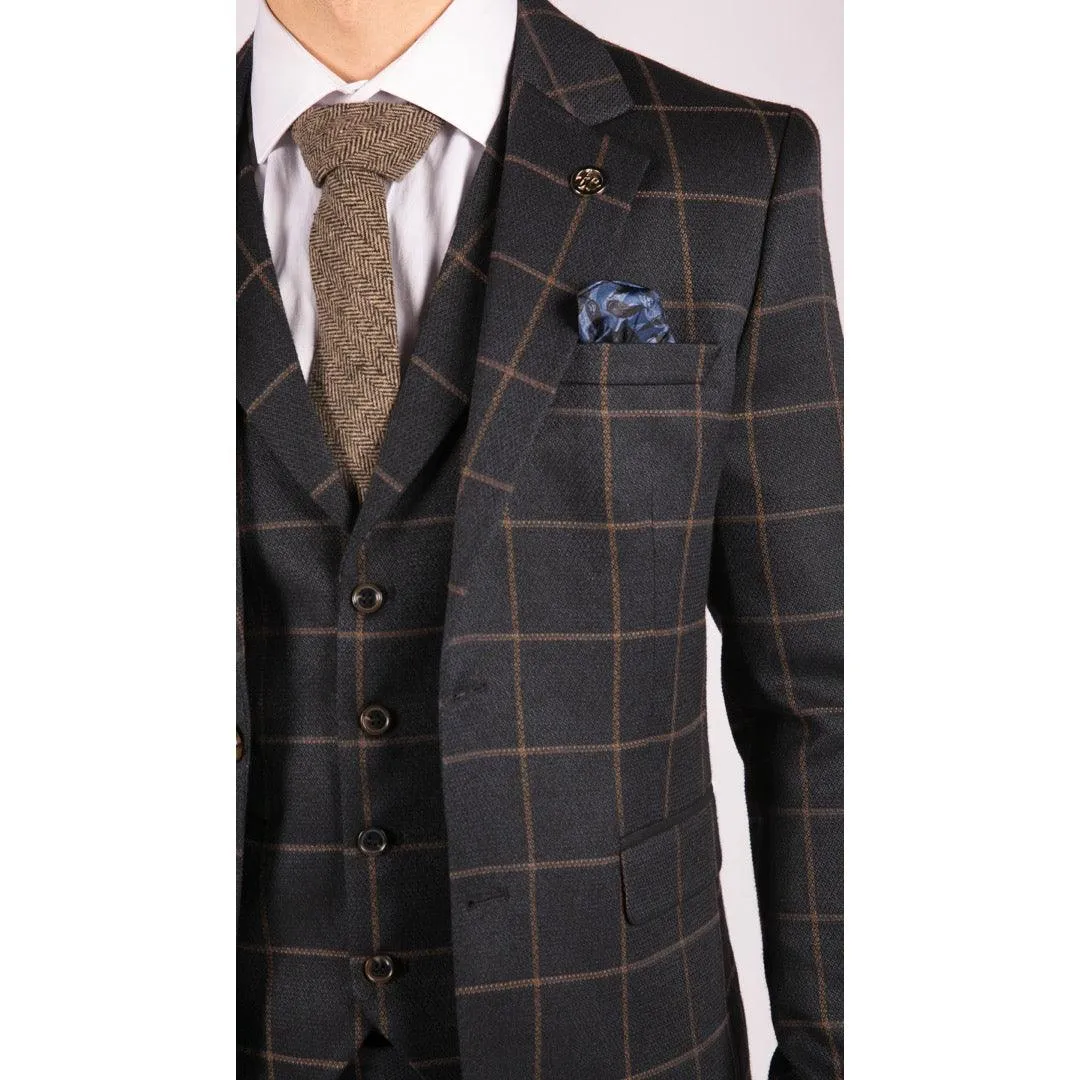 Mens Blue 3 Piece Suit Tan Check Classic Wedding Prom Peaky Tweed Vintage