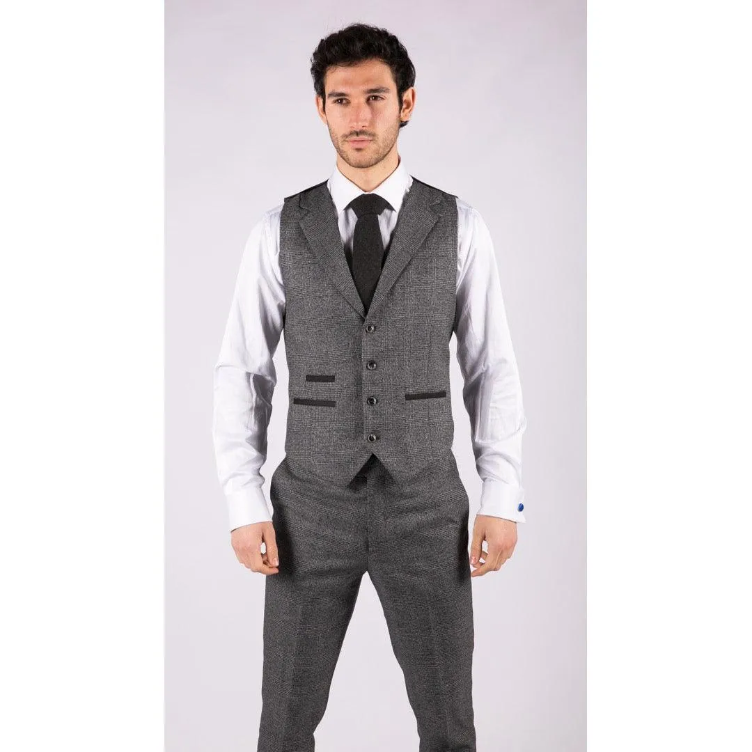 Mens Classic 3 Piece Suit Prince Of Wales Check Grey Tailored Fit Vintage Wedding