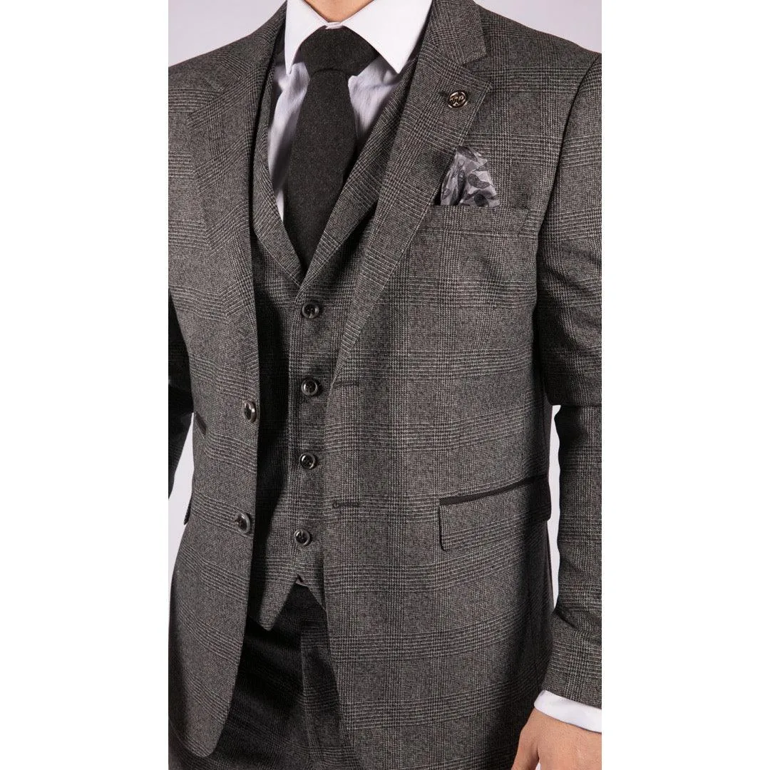 Mens Classic 3 Piece Suit Prince Of Wales Check Grey Tailored Fit Vintage Wedding