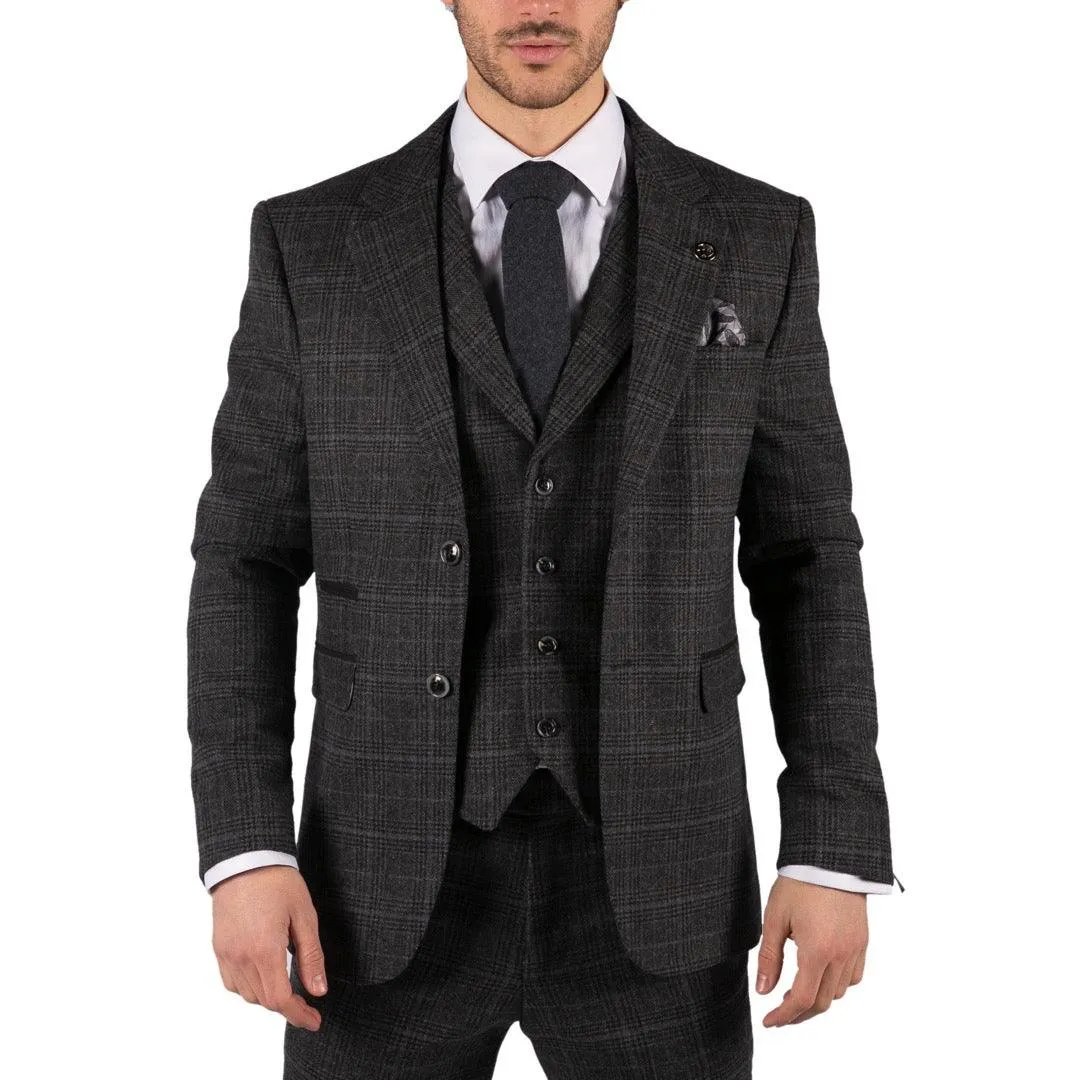 Mens Grey Tweed 3 Piece Suit Blue Check Vintage 1920s Gatsby Blinders Tailored Fit