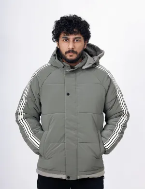 Men's Winter Wear Full Sleeves White Striped Quilted and Puffer Jacket - Grey