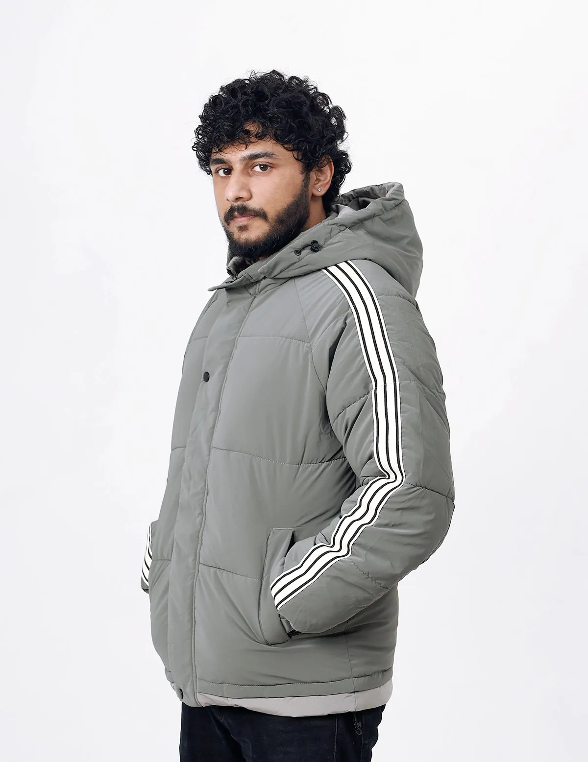 Men's Winter Wear Full Sleeves White Striped Quilted and Puffer Jacket - Grey