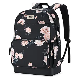 MOSISO 15.6-16 inch Laptop Backpack for Women, Polyester Anti-Theft Stylish Casual Daypack Bag with Luggage Strap & USB Charging Port, Camellia Travel Backpack, Black