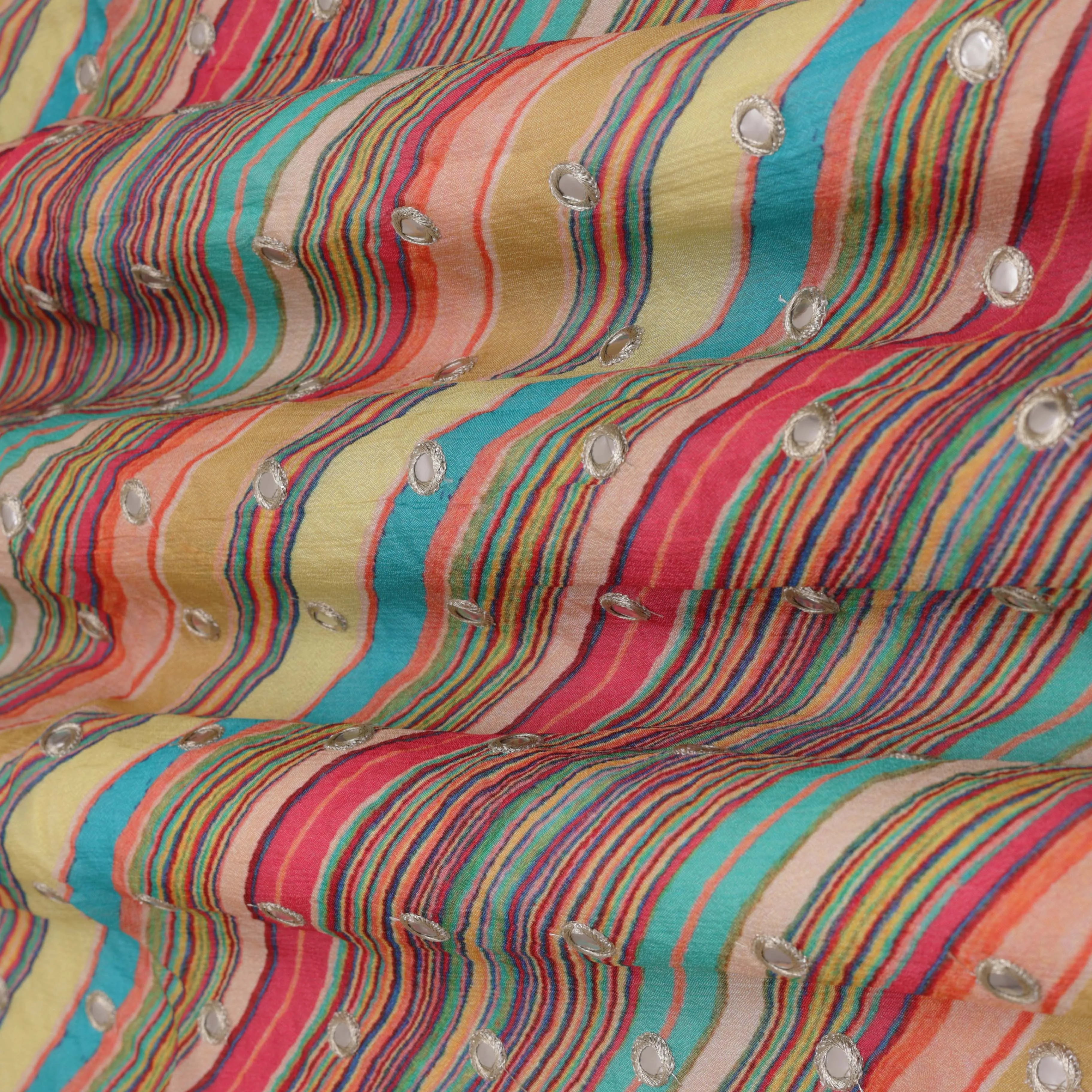 Multiple Stripe Chinon Chiffon Print Mirror Work Fabric