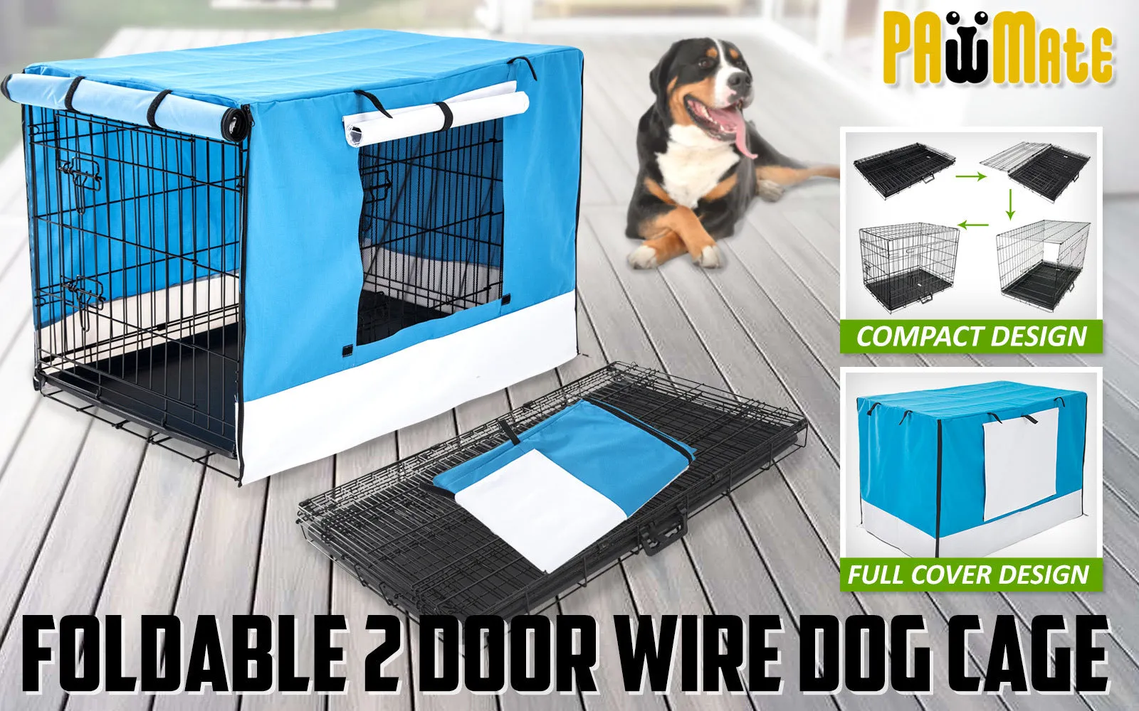 Paw Mate Wire Dog Cage Foldable Crate Kennel 42in with Tray   Blue Cover Combo