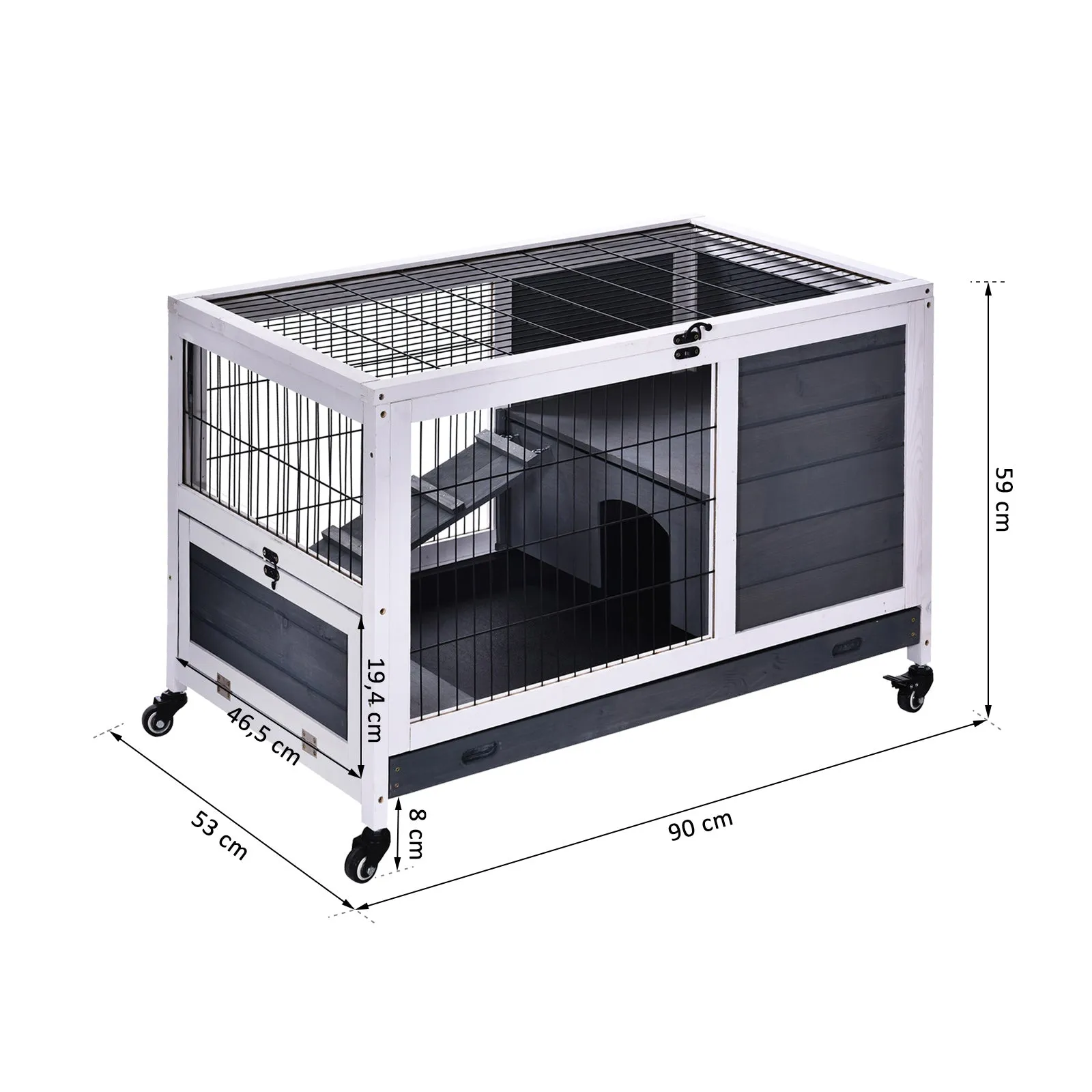 PawHut Rabbits Indoor Fir Wood Lift-Top Hutch-Grey and White