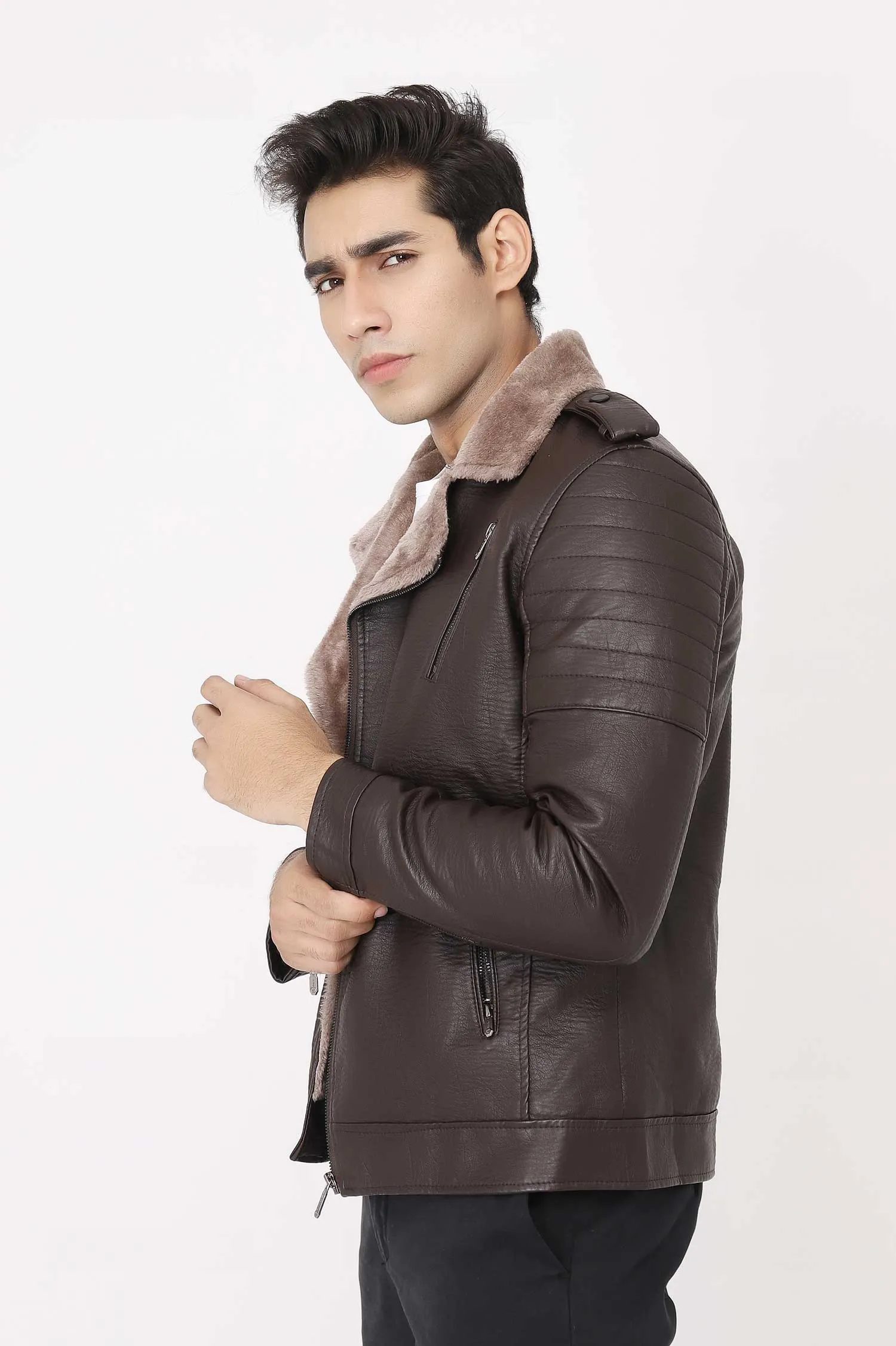 SHEARLING-LINED FAUX LEATHER BIKER JACKET-COFFEE