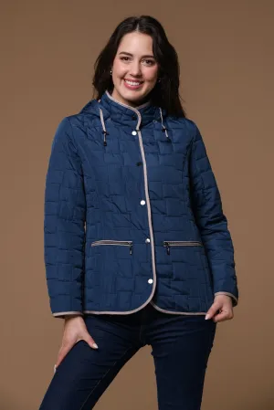 Square Quilt Hooded Jacket-Navy