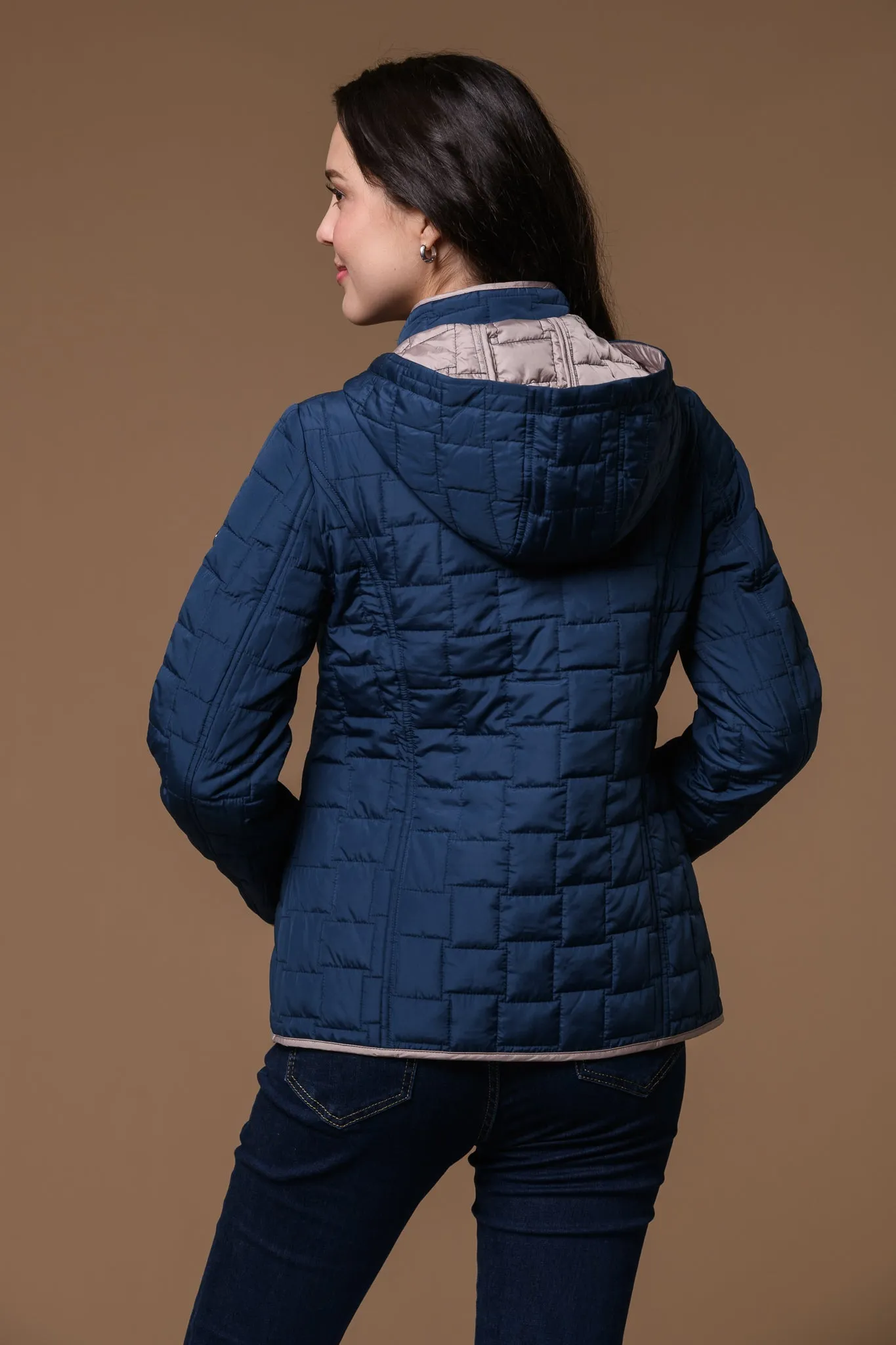 Square Quilt Hooded Jacket-Navy