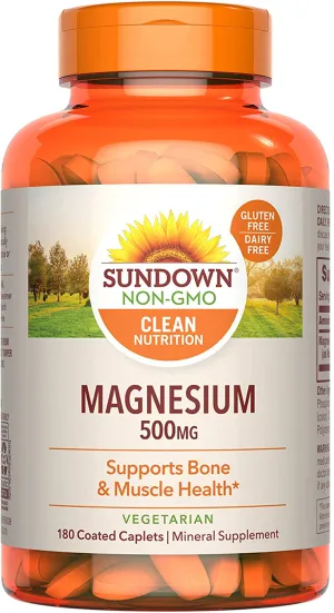 Sundown Magnesium Supplement, Non-GMOˆ, Gluten-Free, Dairy-Free, Vegetarian, 500mg Coated Caplets, 180 Count, 6 Month Supply