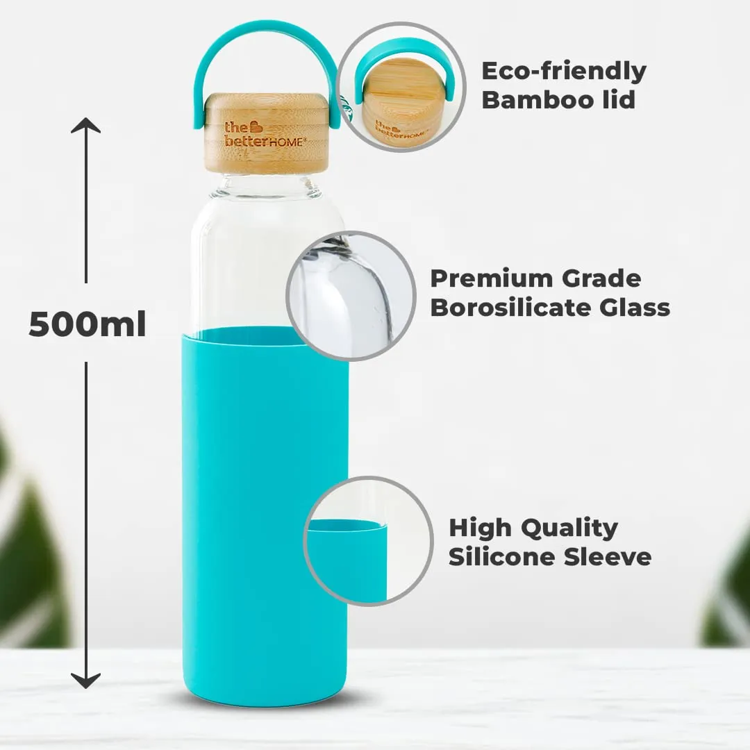 The Better Home Borosilicate Glass Water Bottle with Sleeve (500ml) | Non Slip Silicon Sleeve & Bamboo Lid | Water Bottles for Fridge | Light Blue (Pack of 3)