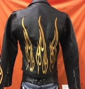 Women's Leather Jacket with Flame Embroidery on Sleeves and Back 8024F