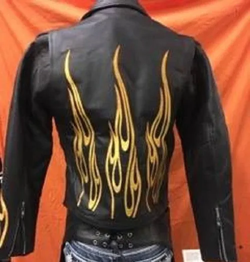 Women's Leather Jacket with Flame Embroidery on Sleeves and Back 8024F